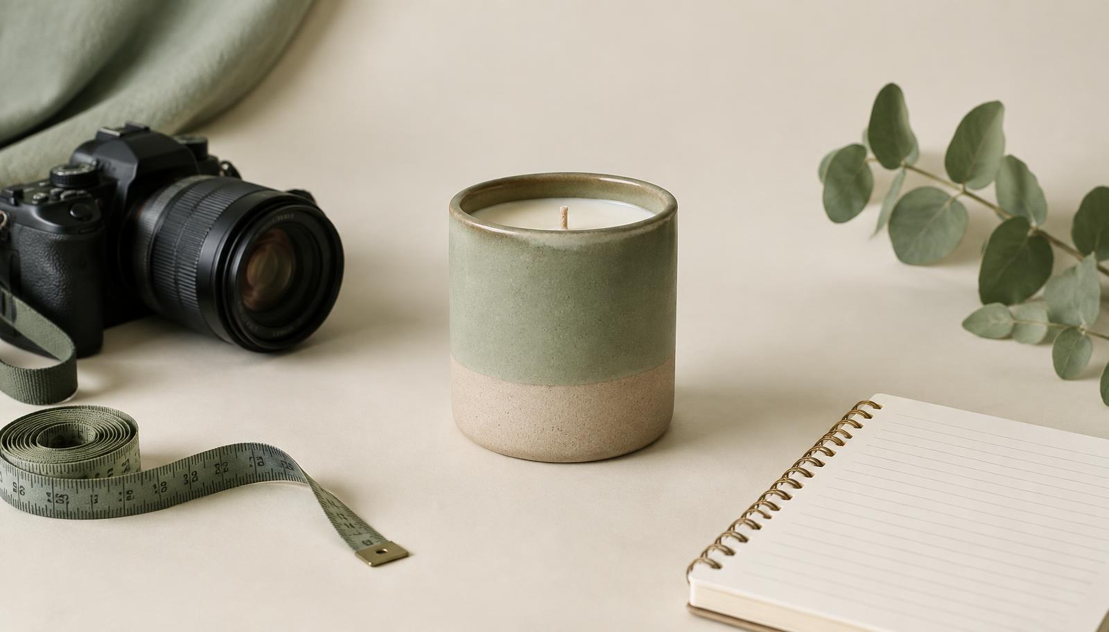 Ceramic candle on a cream backdrop beside a camera, measuring tape and notebook