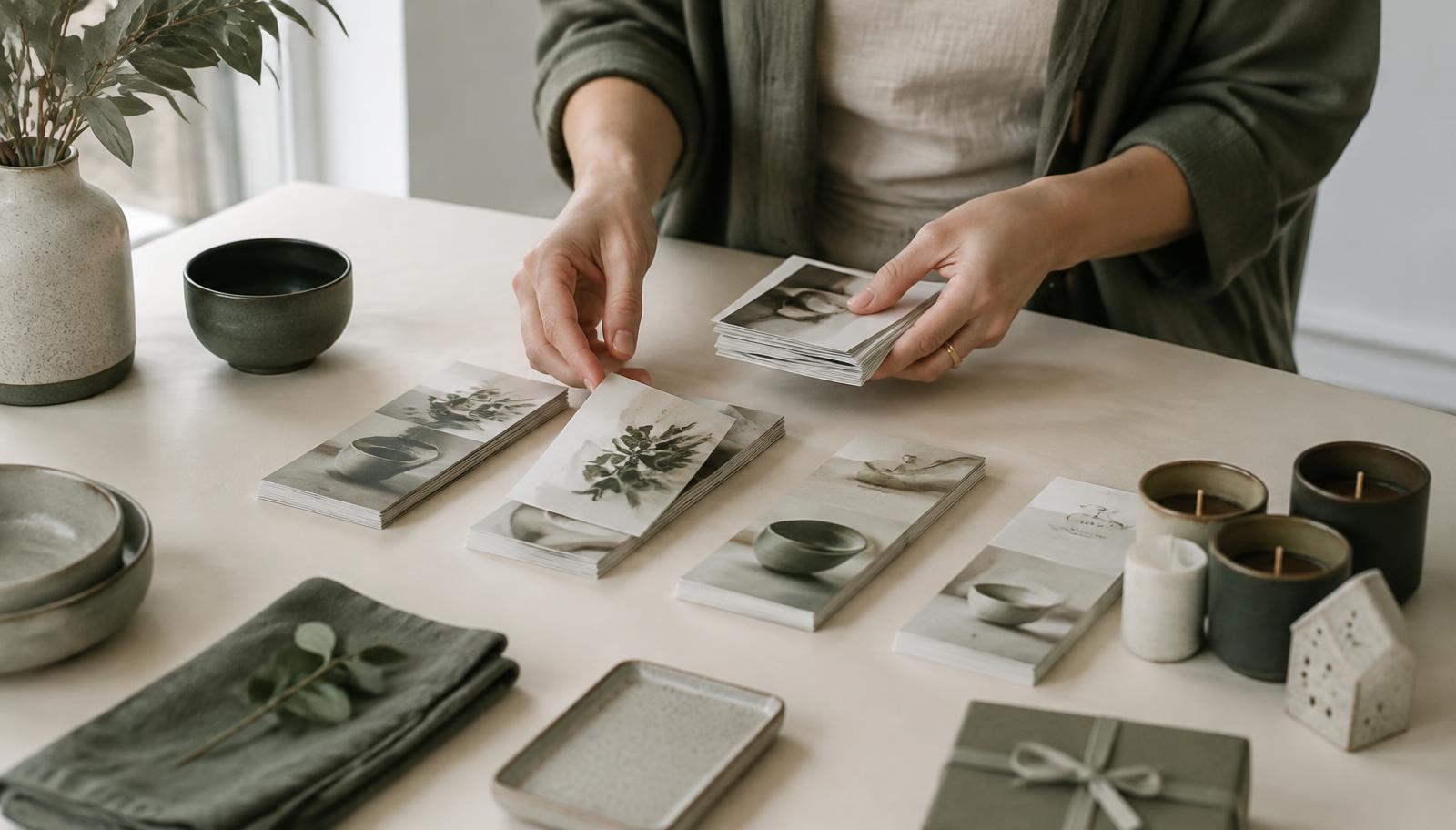 Hands sorting printed product cards into rows on a table beside giftware